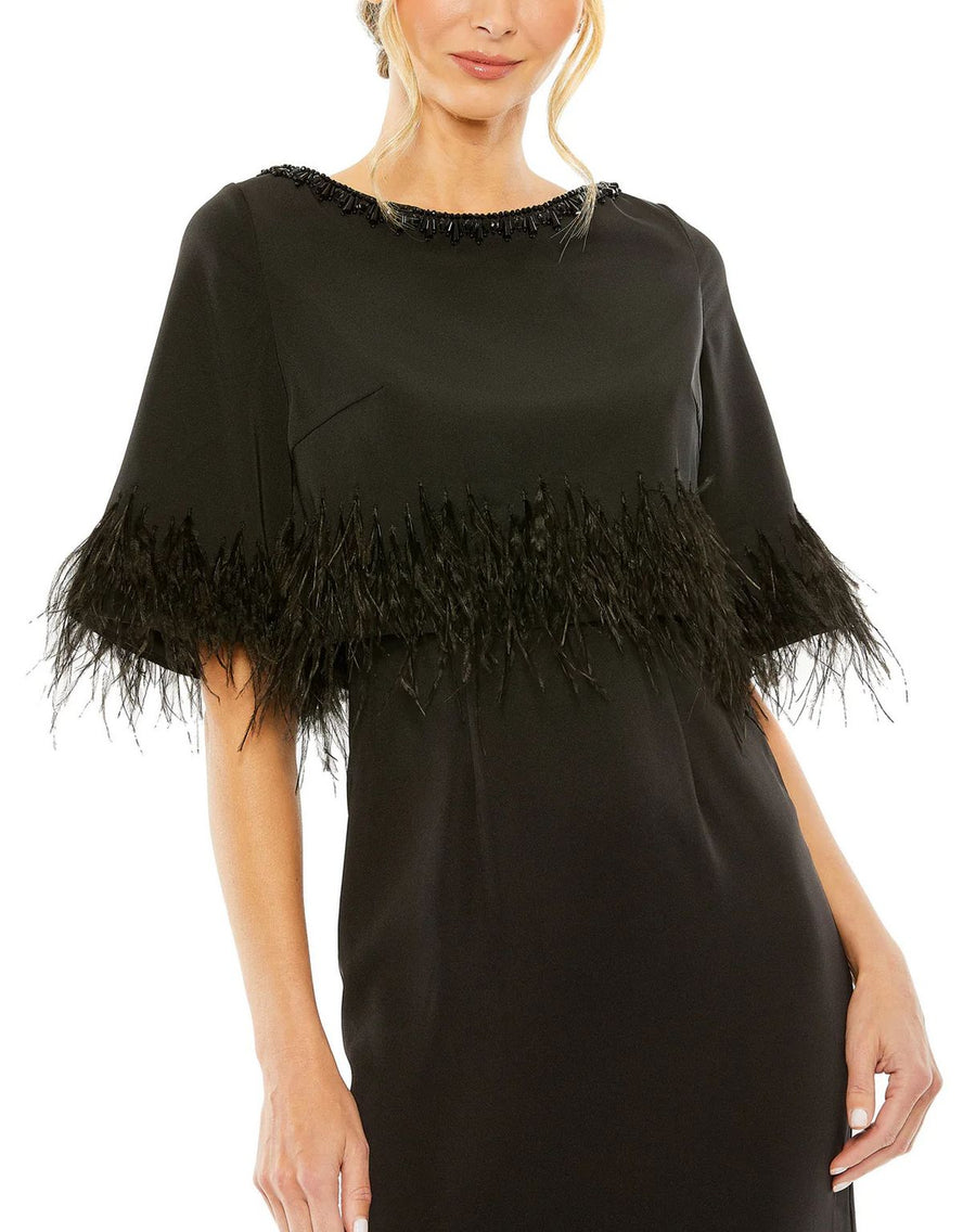 Mother of the Bride Dresses Quarter Sleeve Crystal Neck Feather Detail Long Dress Black