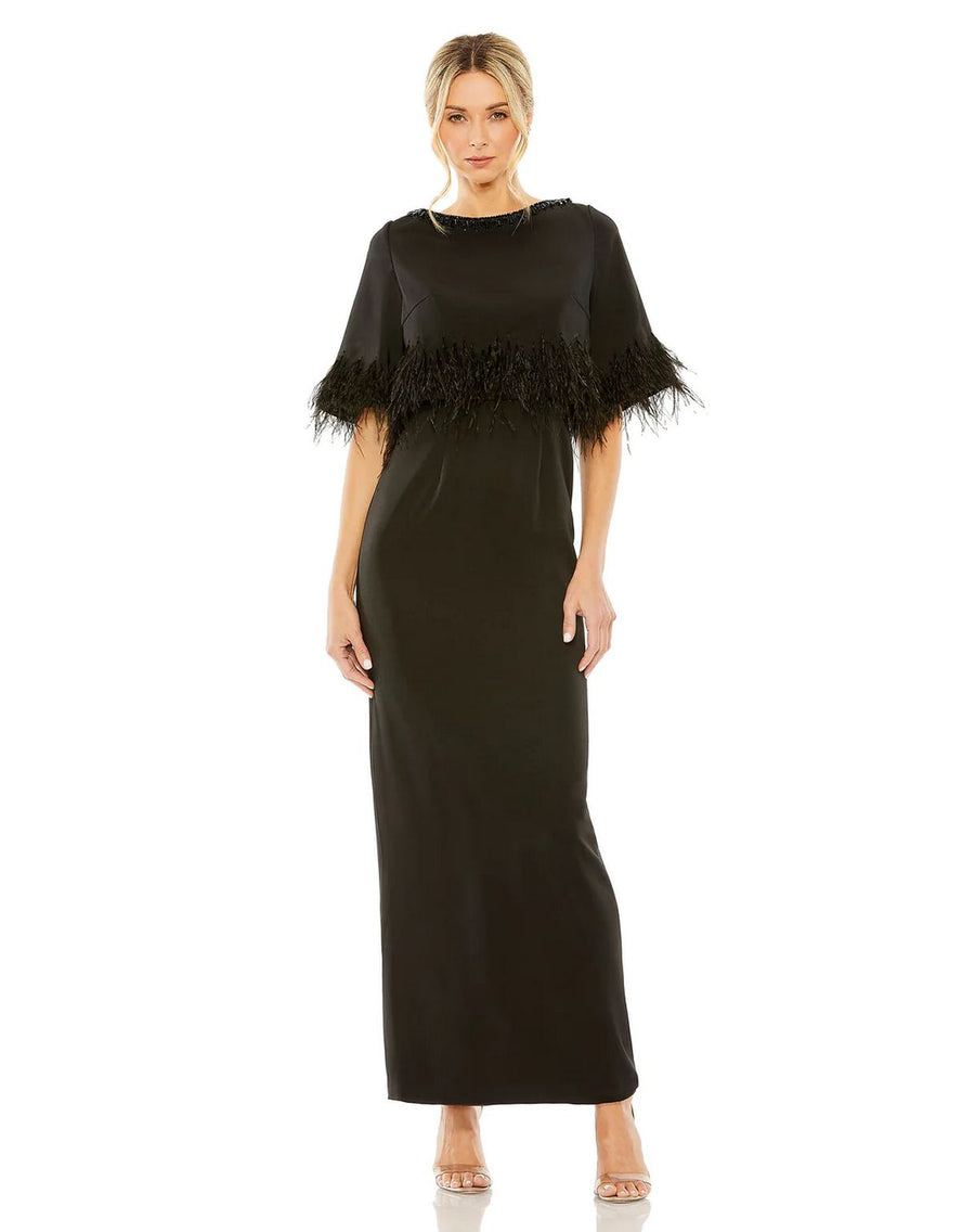 Mother of the Bride Dresses Quarter Sleeve Crystal Neck Feather Detail Long Dress Black