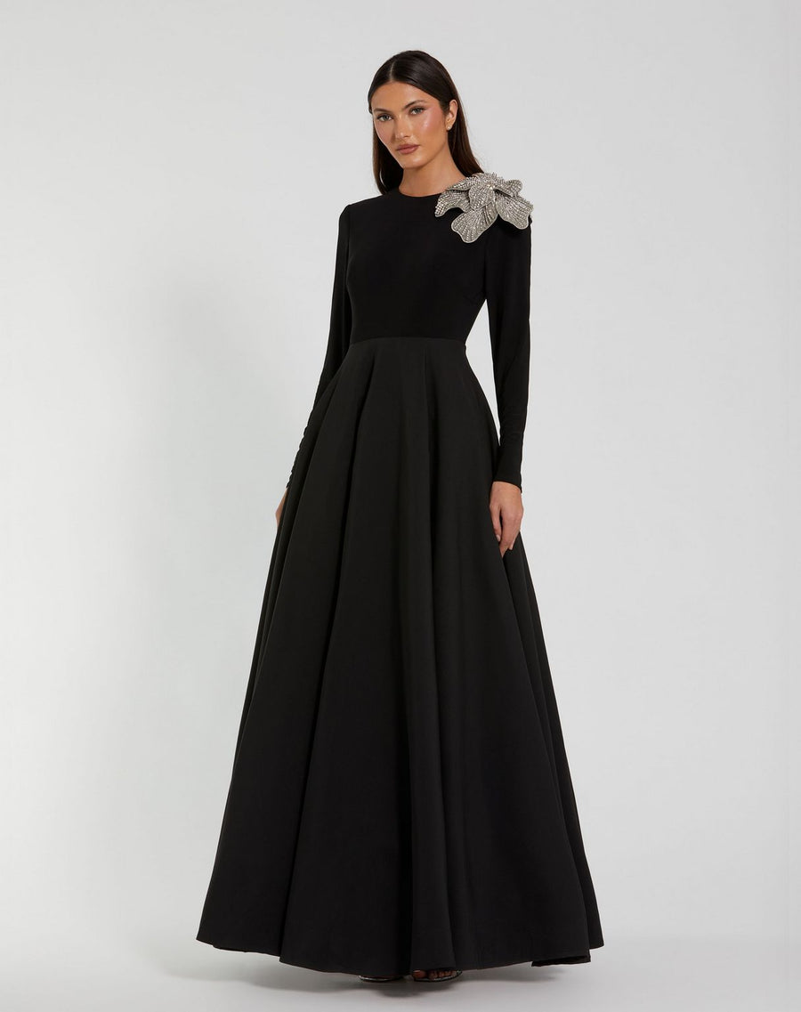 Formal Dresses Formal Prom Long Sleeve 3D Flower Dress Black