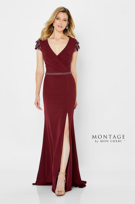 Formal Dresses Long Slit Ruched Beaded Belt Formal Dress Wine