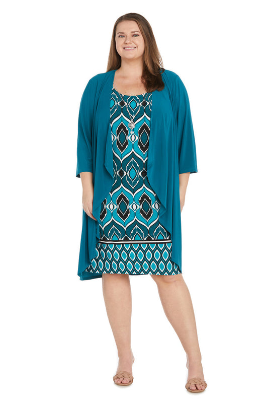 Plus Size Dresses Mother of the Bride Plus Size Fly Away Jacket Printed Dress Teal/Navy