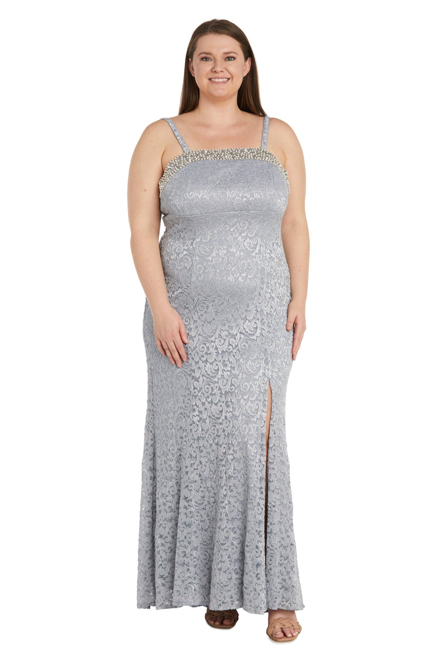 Plus Size Dresses Long Slit Lace Plus Size Dress Silver