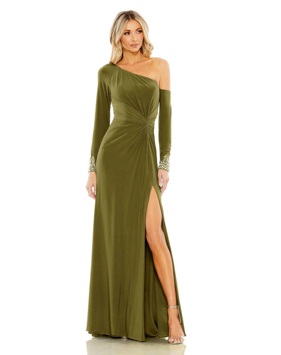 Formal Dresses Long Side Twist Drop Shoulder Beaded Cuff Dress Olive