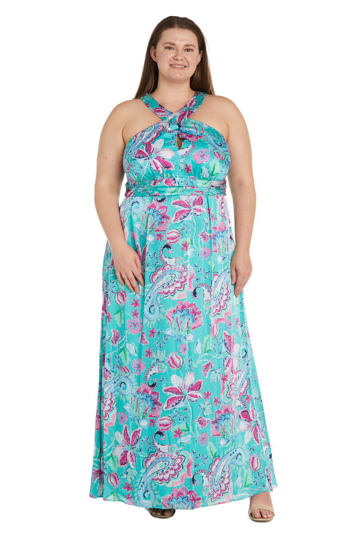 Plus Size Dresses Long Formal Plus Size Printed Cross Over Halter Dress Jade/Pink