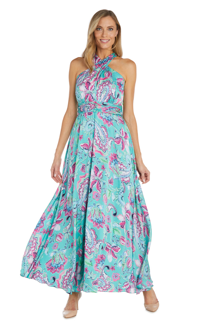 Formal Dresses Long Formal Printed Cross Over Halter Dress Jade/Pink