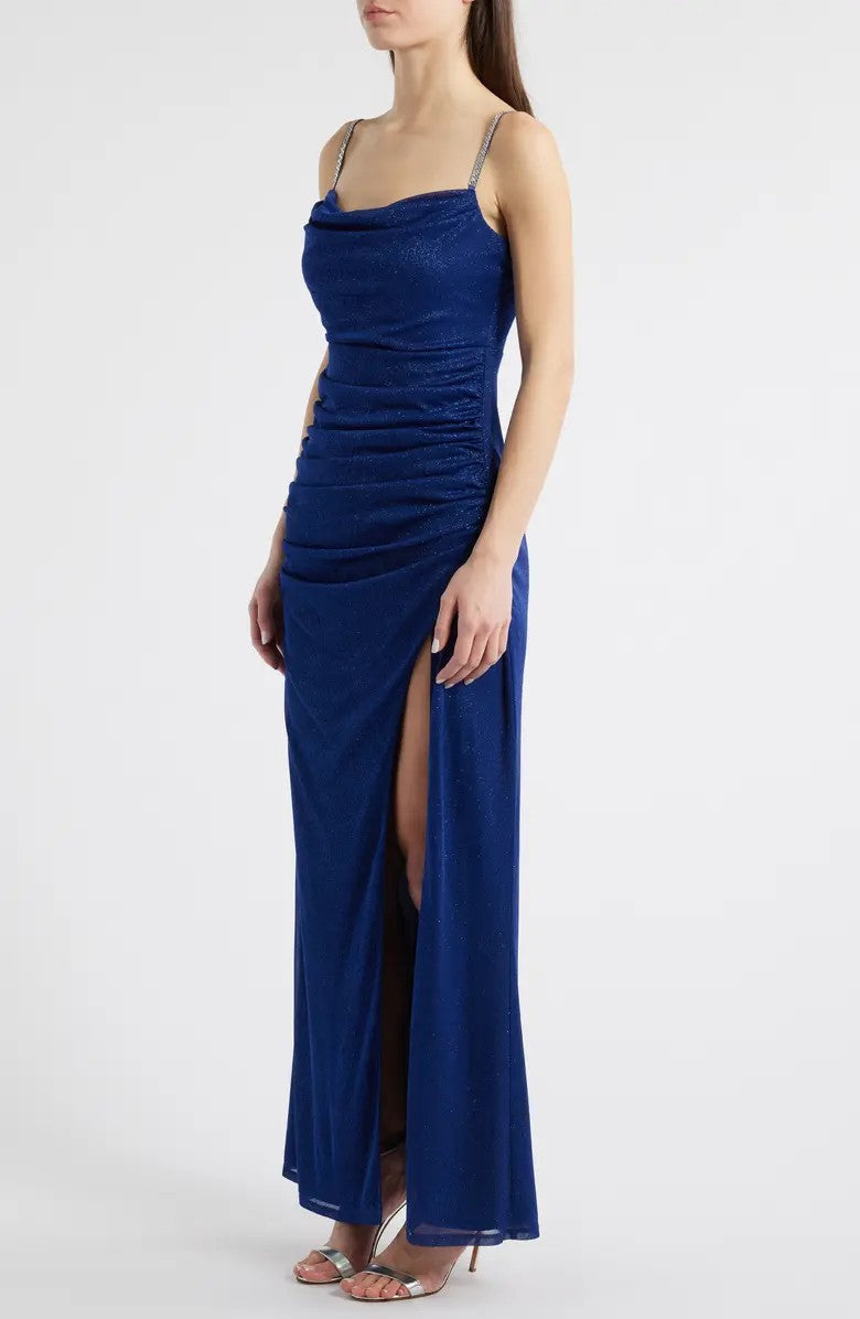 Prom Dresses Fitted Long Formal Metallic Prom Dress Navy