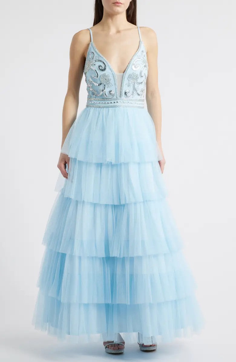 Formal Dresses Prom Long Beaded Ruffle Formal Dress Light Blue