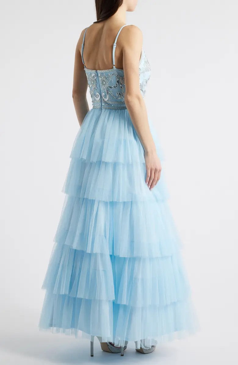 Formal Dresses Prom Long Beaded Ruffle Formal Dress Light Blue