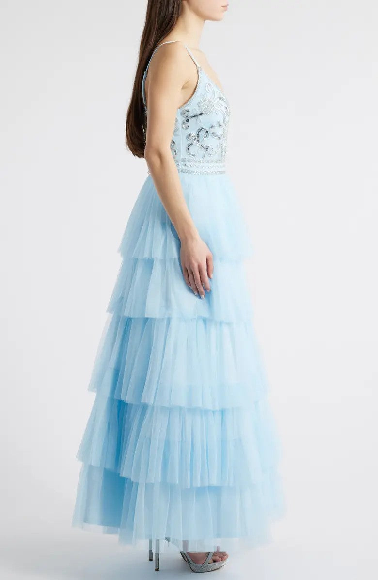 Formal Dresses Prom Long Beaded Ruffle Formal Dress Light Blue