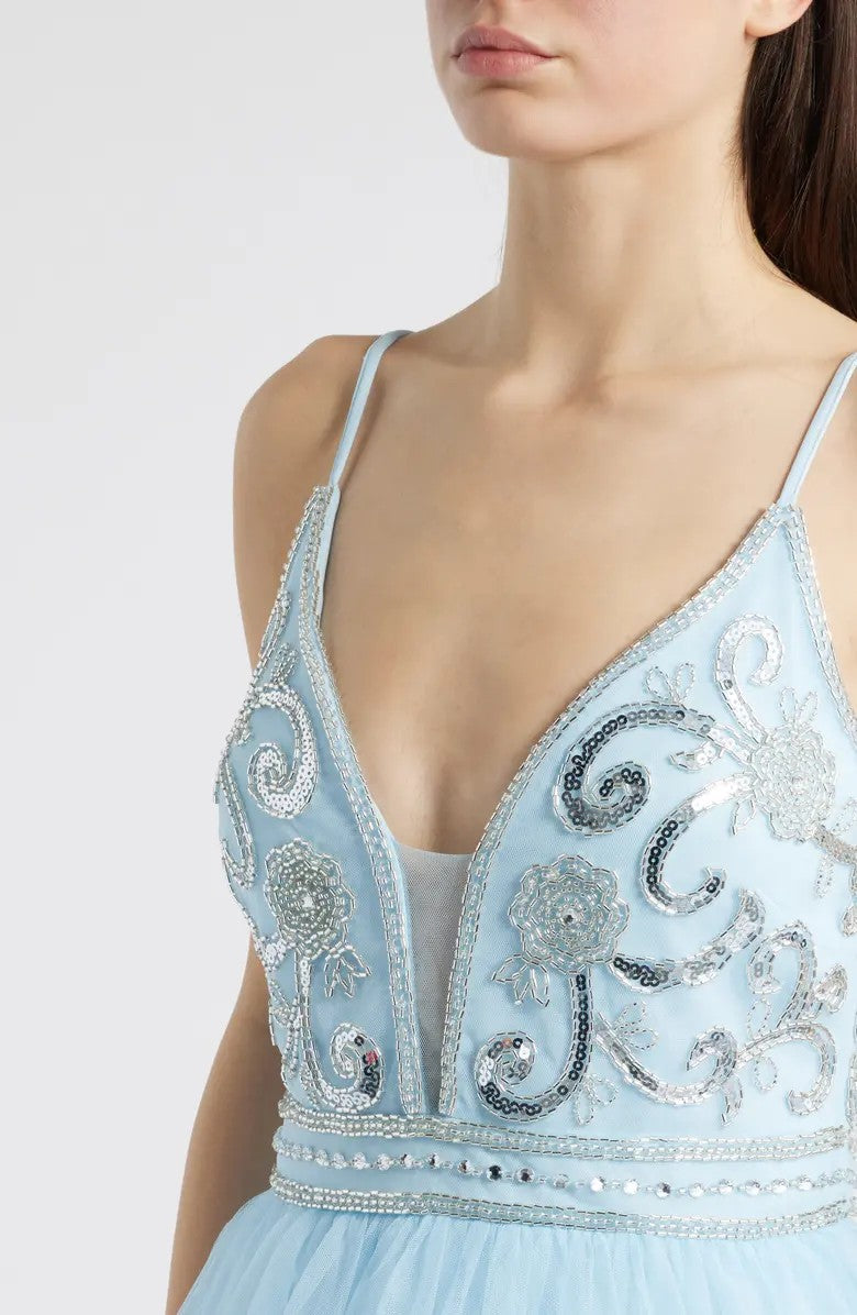 Formal Dresses Prom Long Beaded Ruffle Formal Dress Light Blue