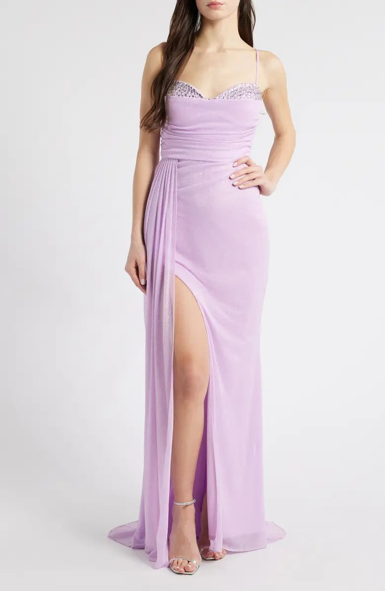 Prom Dresses Long Formal Glitter Slit Prom Dress Lilac