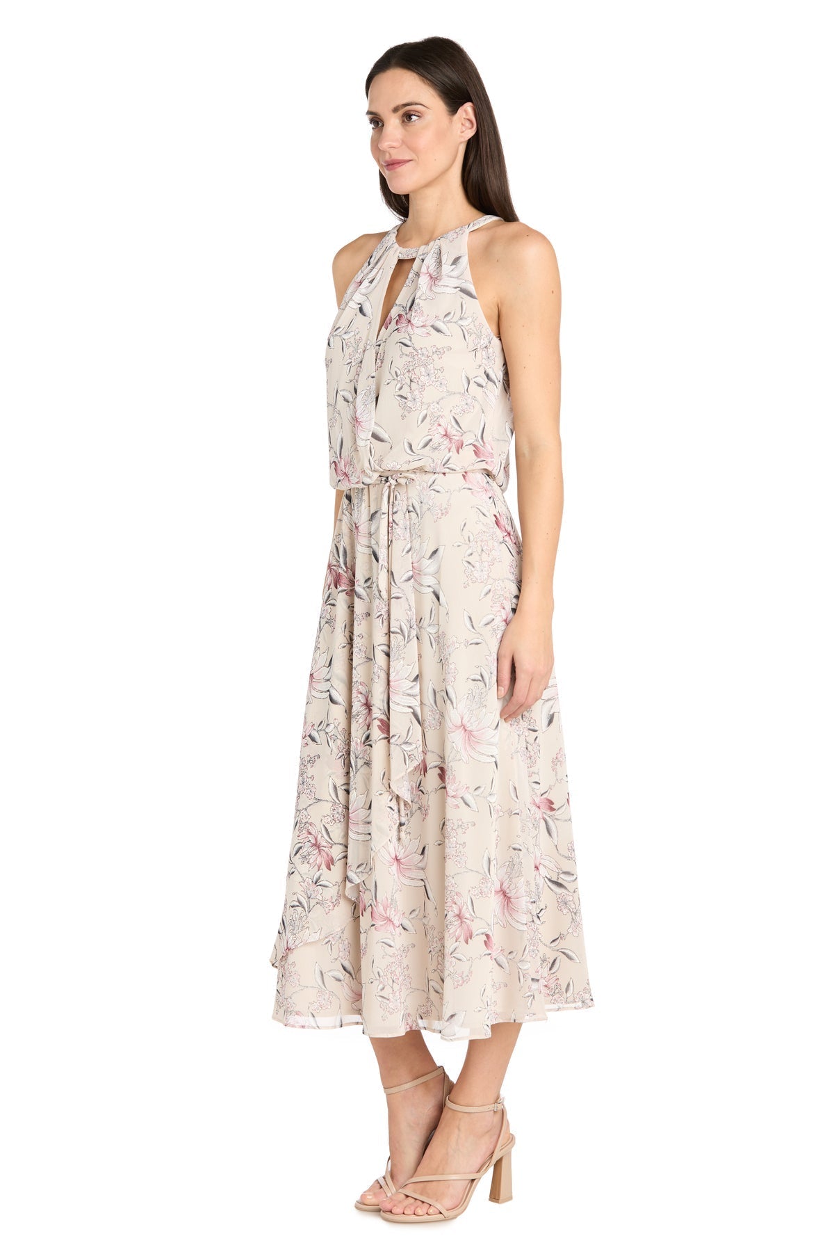 Cocktail Dresses Floral Printed Petite Midi Cocktail Dress Ecru
