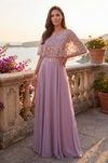 Sequin Lace Cape Sleeve Long Formal Chiffon Evening Gown Mauve