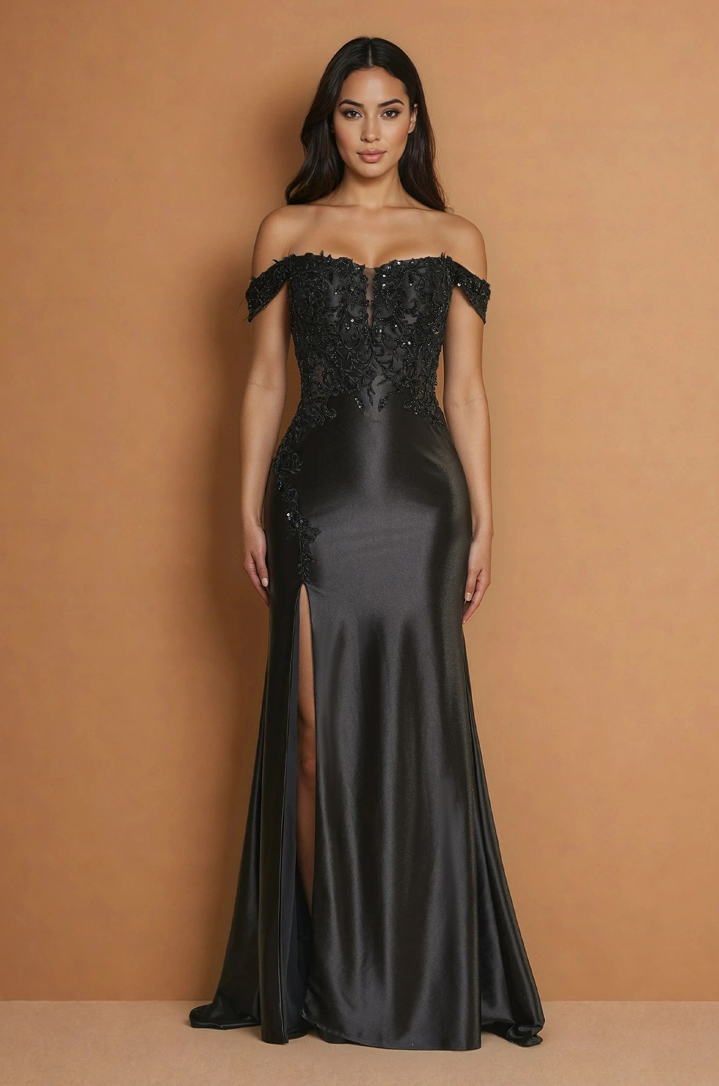 فستان سهرة من الدانتيل الأسود مع صد مشد خارج الكتف