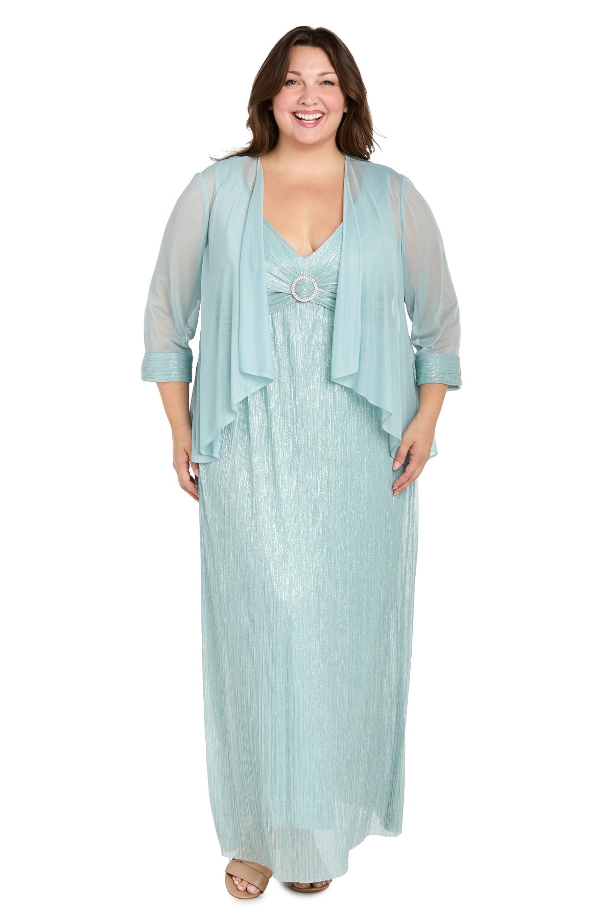 Plus Size Dresses Long Formal Plus Size Cape Metallic Dress Seafoam