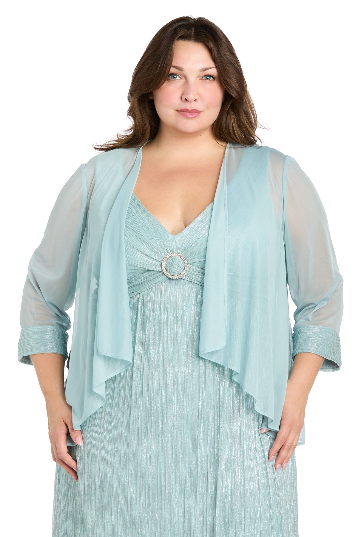 Plus Size Dresses Long Formal Plus Size Cape Metallic Dress Seafoam