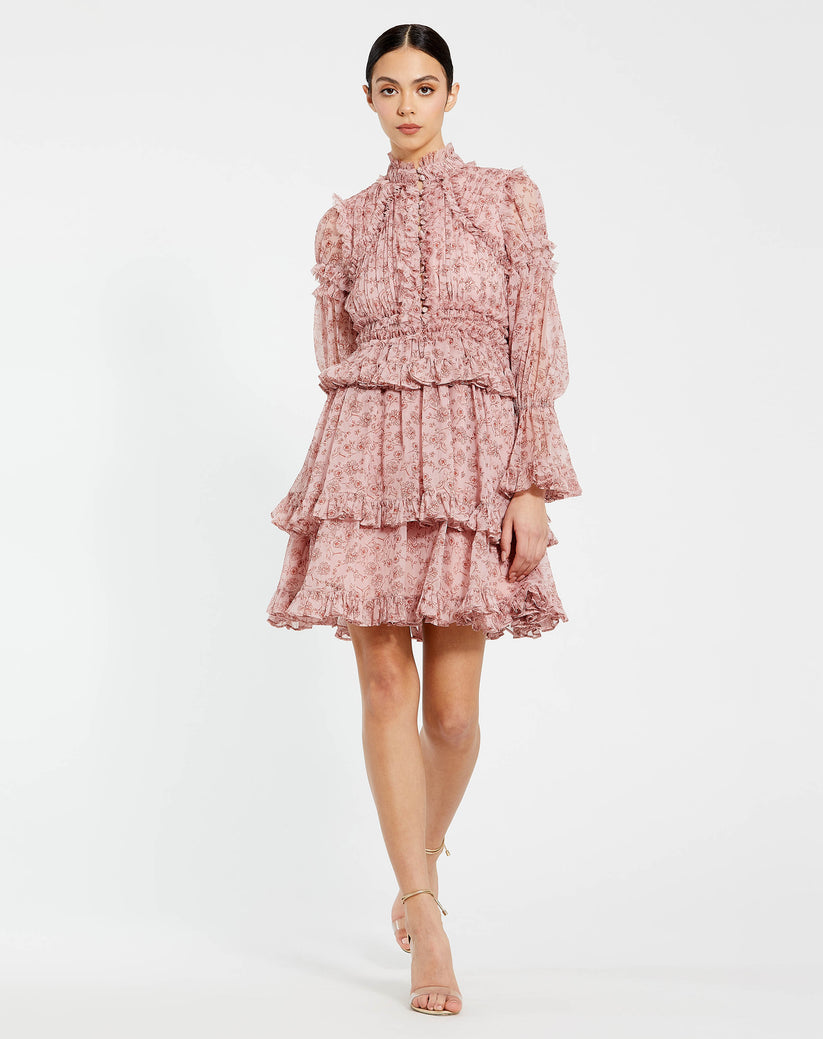 Cocktail Dresses Long Sleeve Floral Print Cocktail Mini Dress Cinnamon