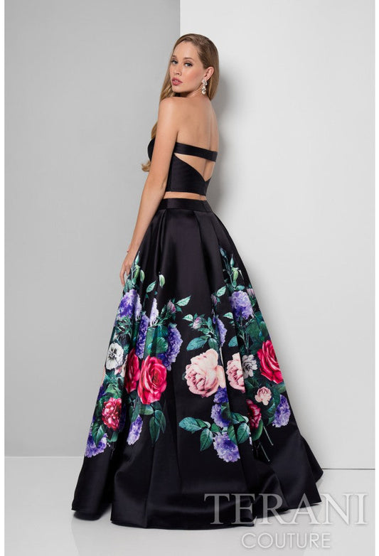 Prom Dresses A Line Floral Long Formal Pleated Prom Dress Black Multi