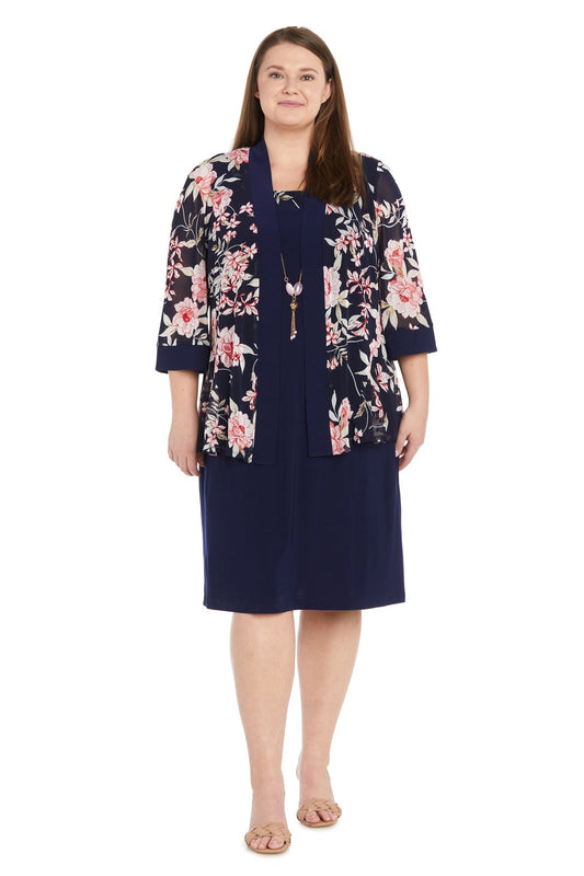 Plus Size Dresses Plus Size Short Printed Jacket Dress Navy/Coral
