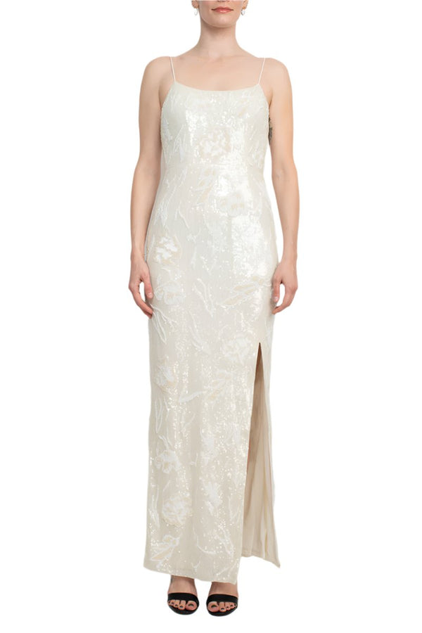 Formal Dresses Fitted Long Formal Slit Beaded Dress Ivory