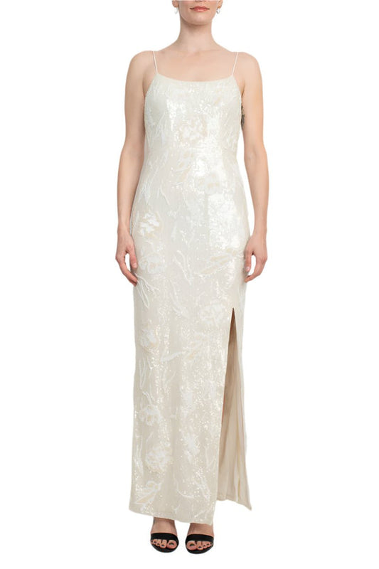 Formal Dresses Fitted Long Formal Slit Beaded Dress Ivory