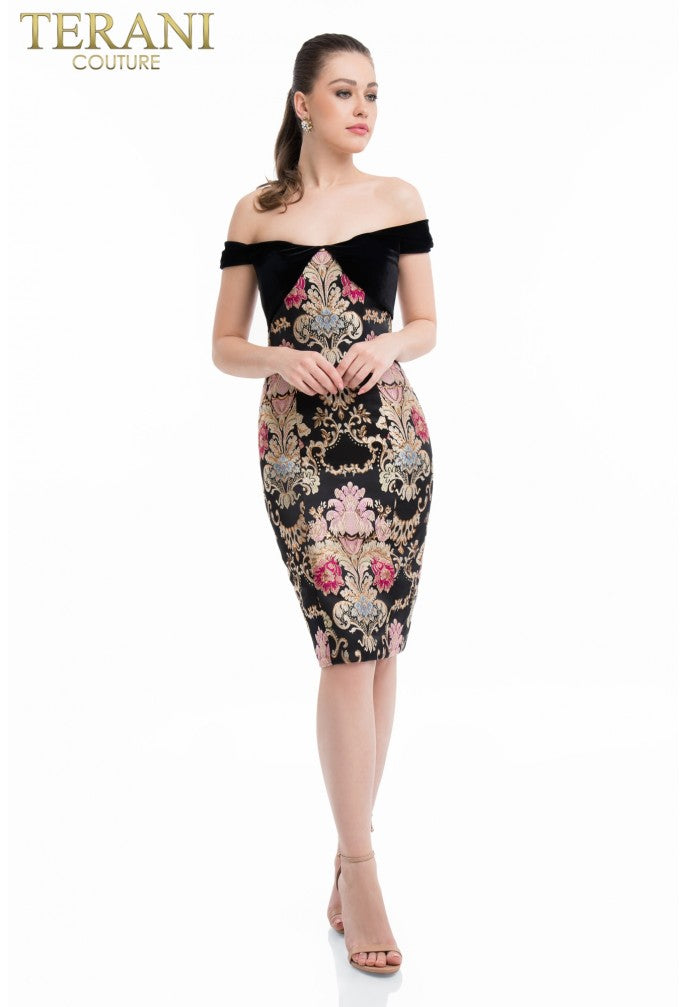 Cocktail Dresses Fitted Knee Length Pattern Cocktail Dress Black Multi