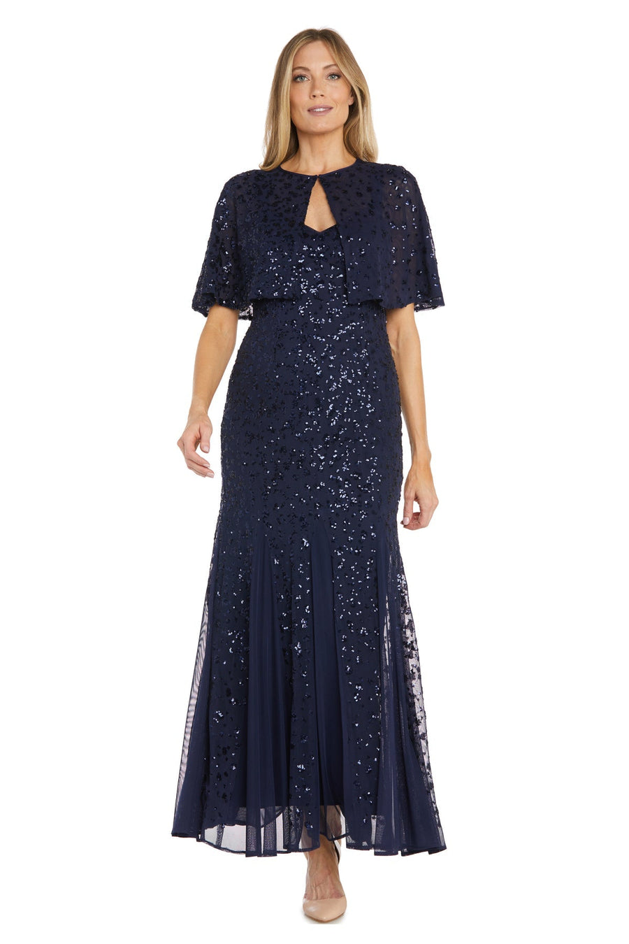 Formal Dresses Sequin Long Formal Beaded Jacket Dress Navy