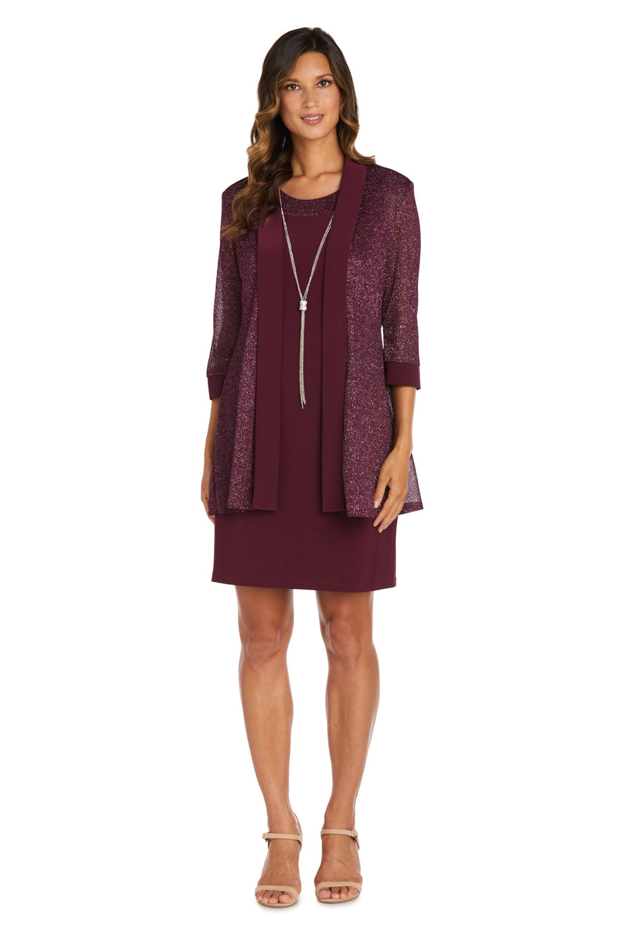 Mother of the Bride Dresses Short Piece Metallic Jacket Dress Merlot