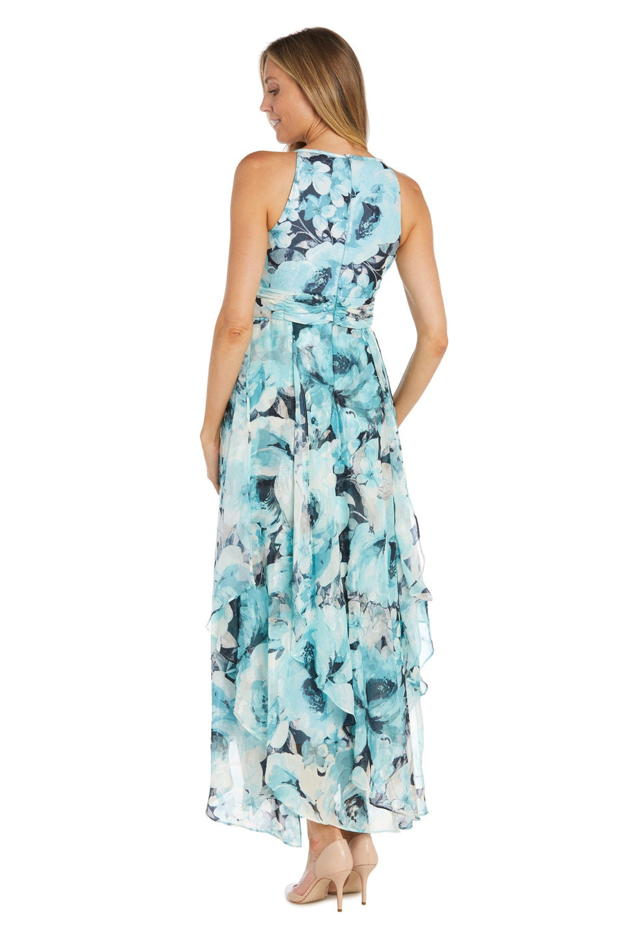 Formal Dresses Long Ruffle Formal Maxi Floral Dress Black/Turquoise