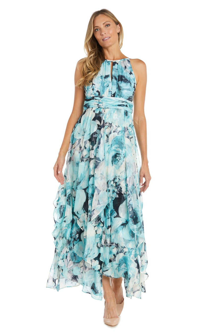 Formal Dresses Long Ruffle Formal Maxi Floral Dress Black/Turquoise
