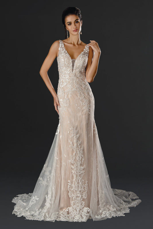 Wedding Dresses Bridal Long Fitted Lace Wedding Dress Nude