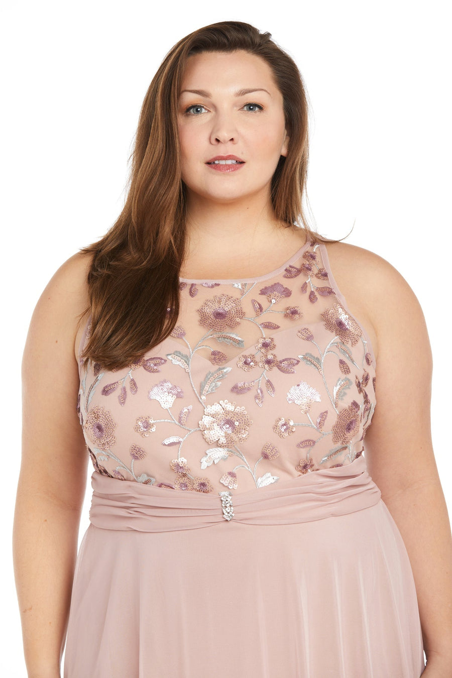 Plus Size Dresses Long Sequin Floral Top Formal Plus Size Dress  Mauve