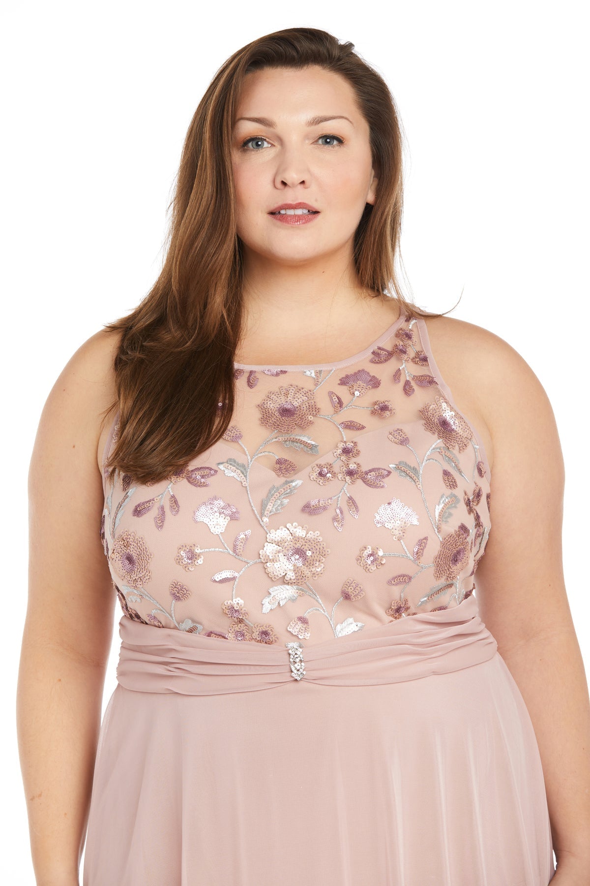 Plus Size Dresses Long Sequin Floral Top Formal Plus Size Dress  Mauve