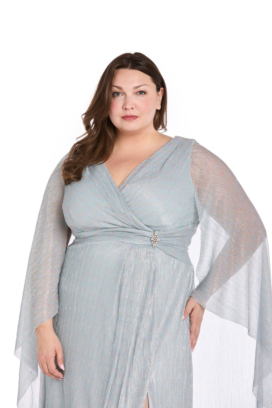 Plus Size Dresses Plus Size Long Formal Meatllic Cape Dress Sky