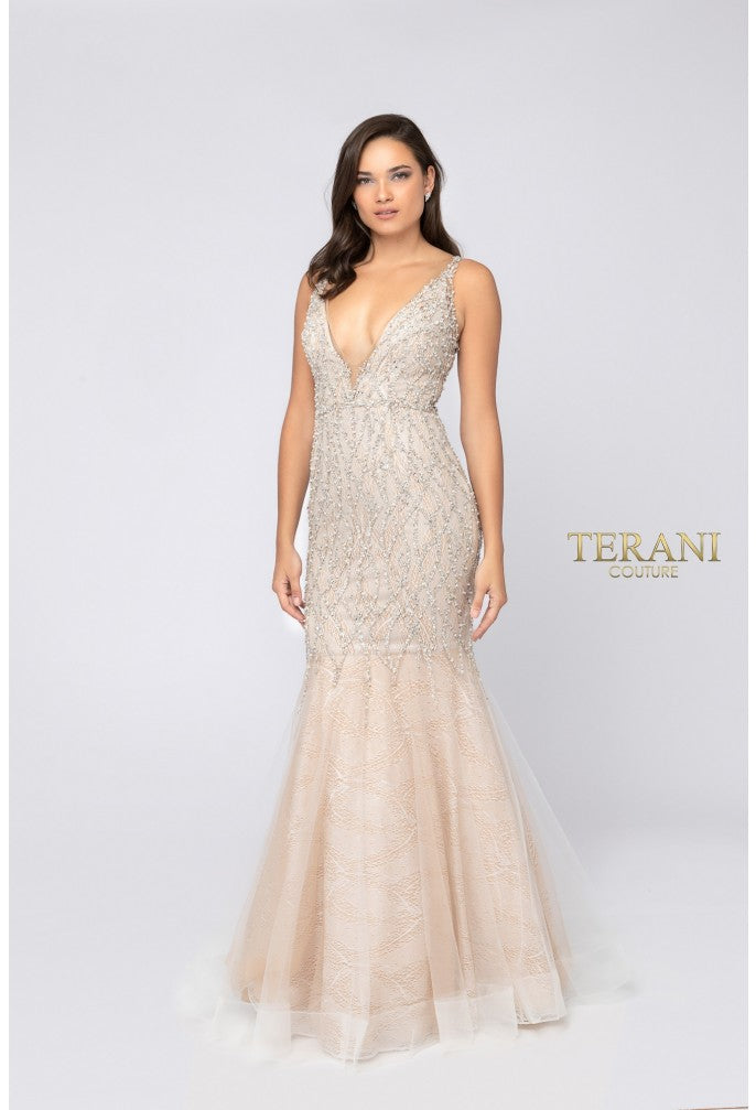 Prom Dresses Beaded Long Mermaid Formal Prom Dress Ivory Nude