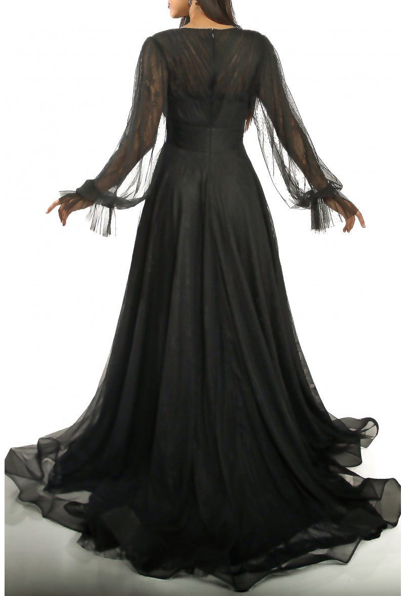 Terani Couture Long V-Neck Formal Dress 1913M9414 - The Dress Outlet Black