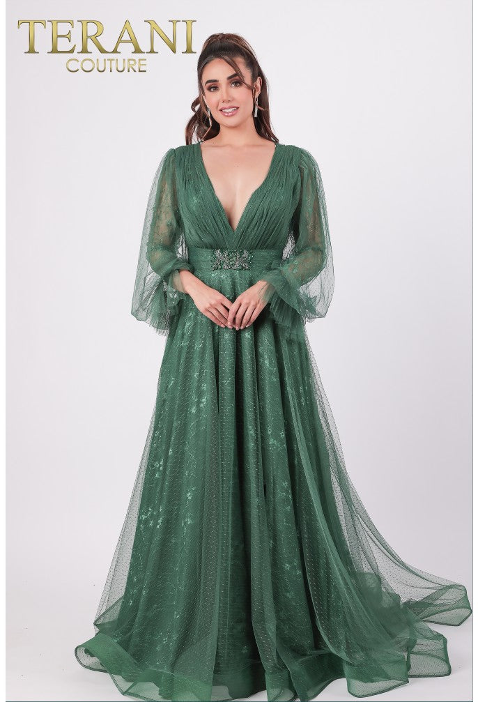 Terani Couture Long V-Neck Formal Dress 1913M9414 - The Dress Outlet Emerald