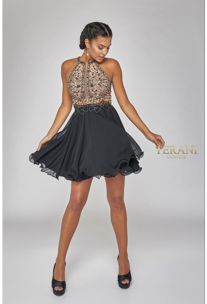 Cocktail Dresses Homecoming Floral Beaded Short Cocktail Dress Black Nude