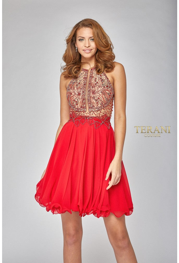 Cocktail Dresses Homecoming Floral Beaded Short Cocktail Dress Red Nude
