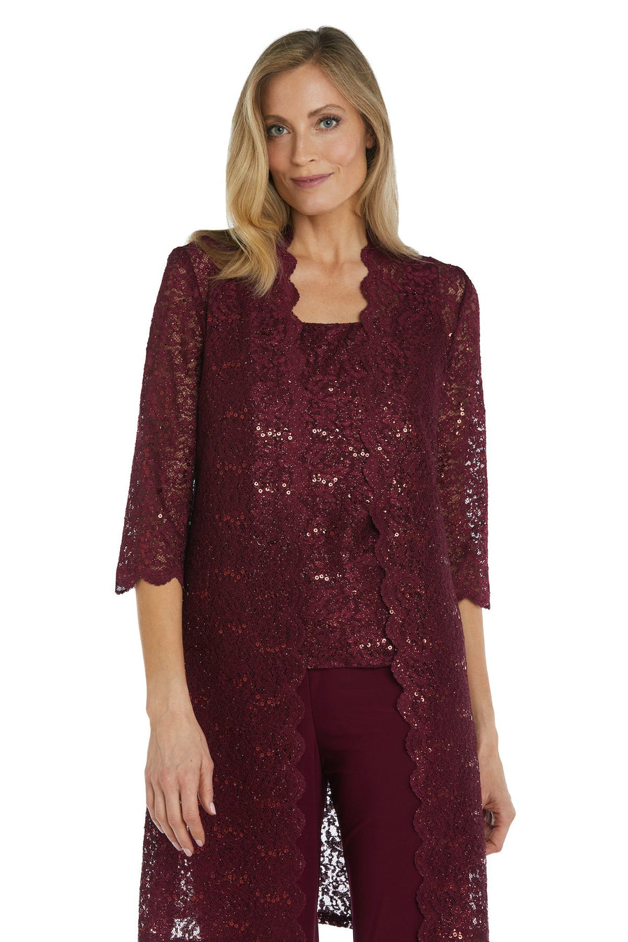 Pant Suit Long Formal Metallic Lace Pant Suit Merlot
