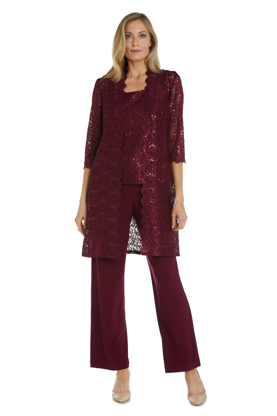 Pant Suit Long Formal Metallic Lace Pant Suit Merlot
