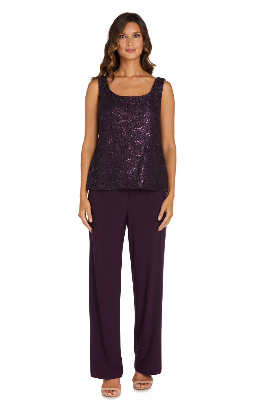 Pant Suit Long Formal Metallic Lace Pant Suit Plum
