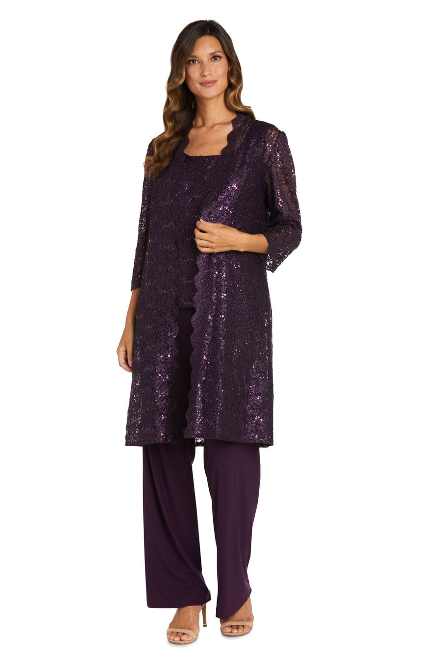 Pant Suit Long Formal Metallic Lace Pant Suit Plum