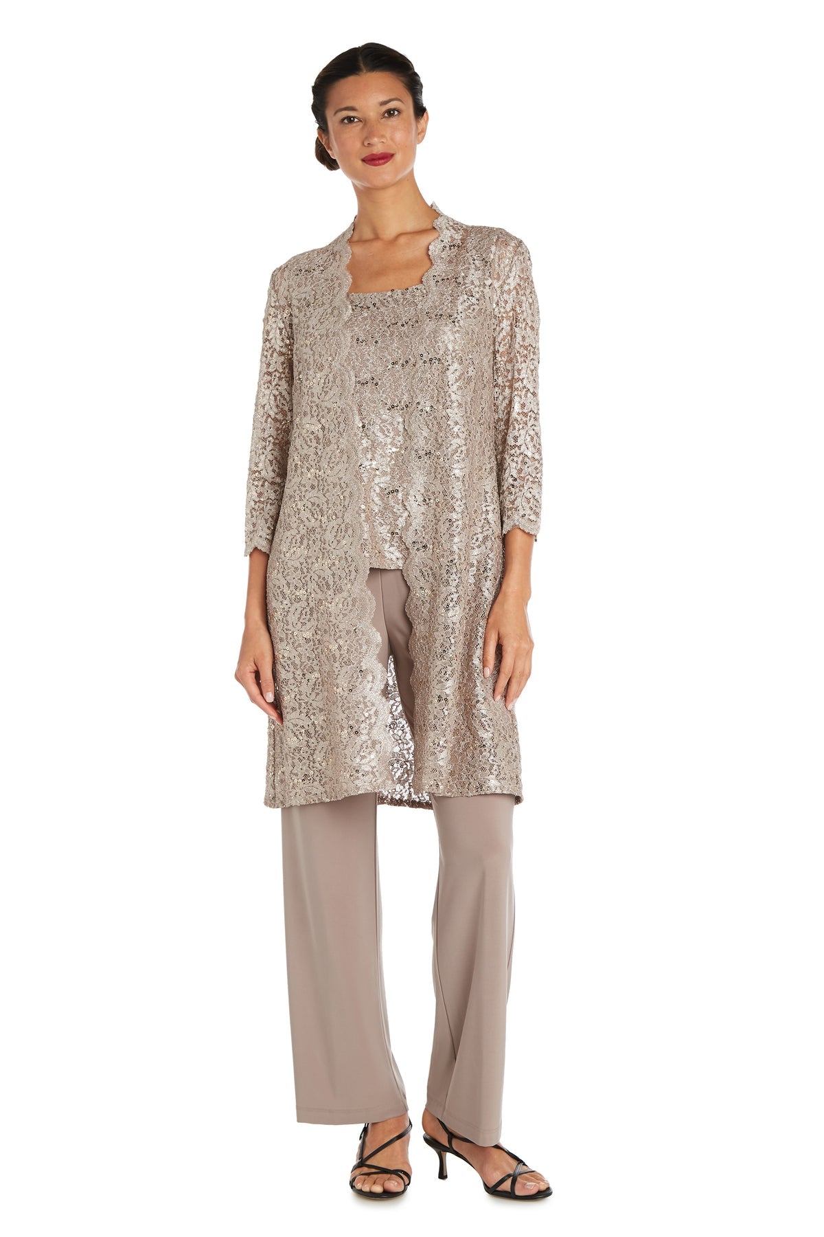 Pant Suit Long Formal Metallic Lace Pant Suit Champagne