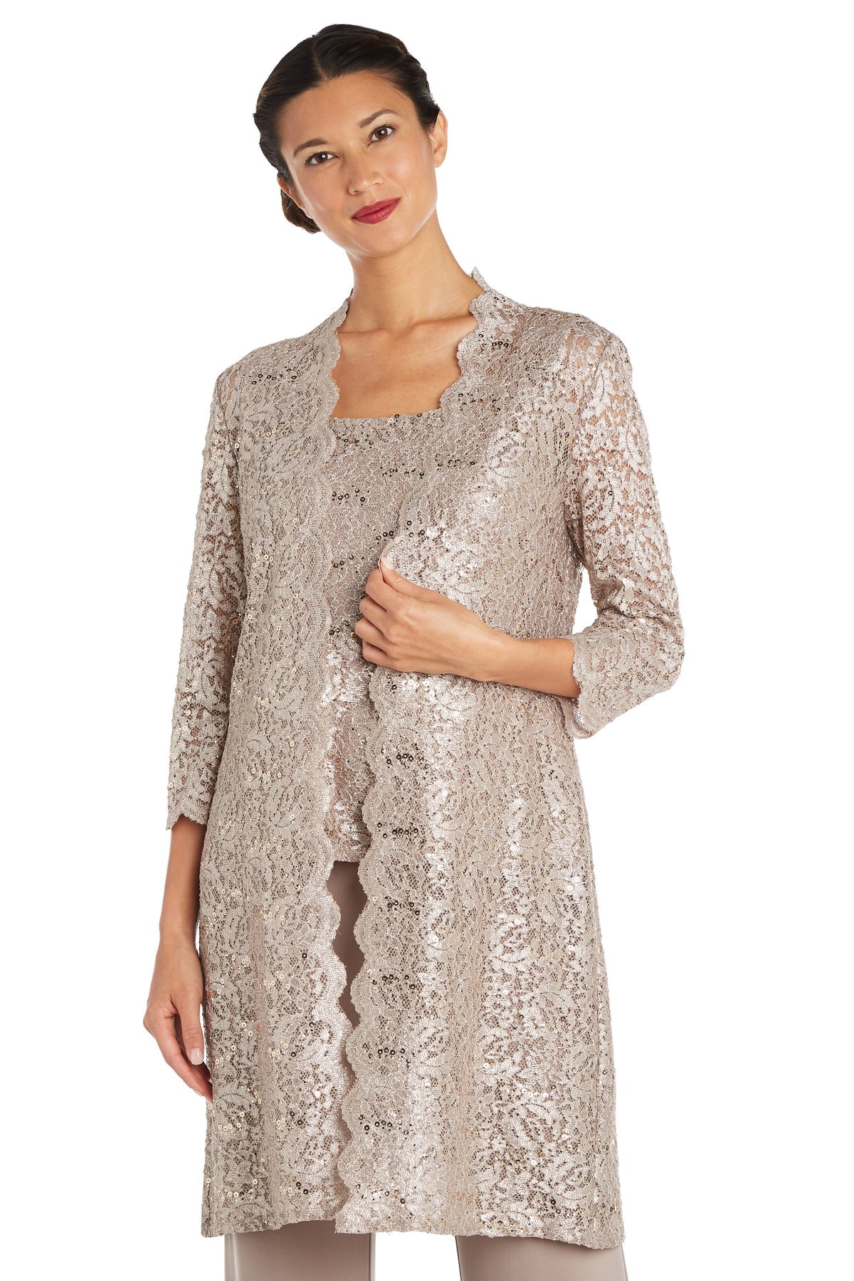 Pant Suit Long Formal Metallic Lace Pant Suit Champagne