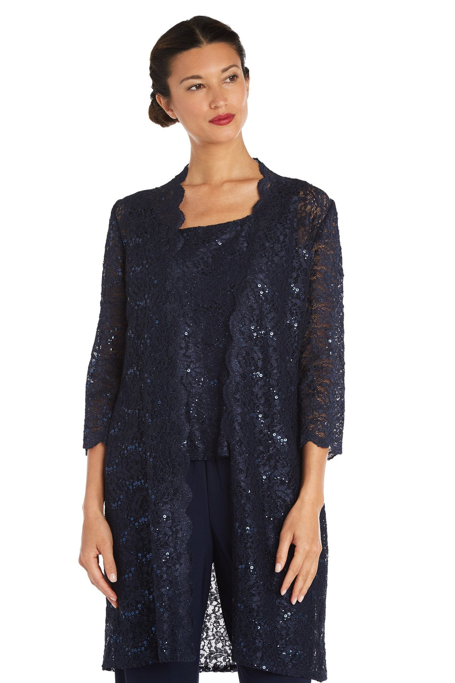 Pant Suit Long Formal Metallic Lace Pant Suit Navy