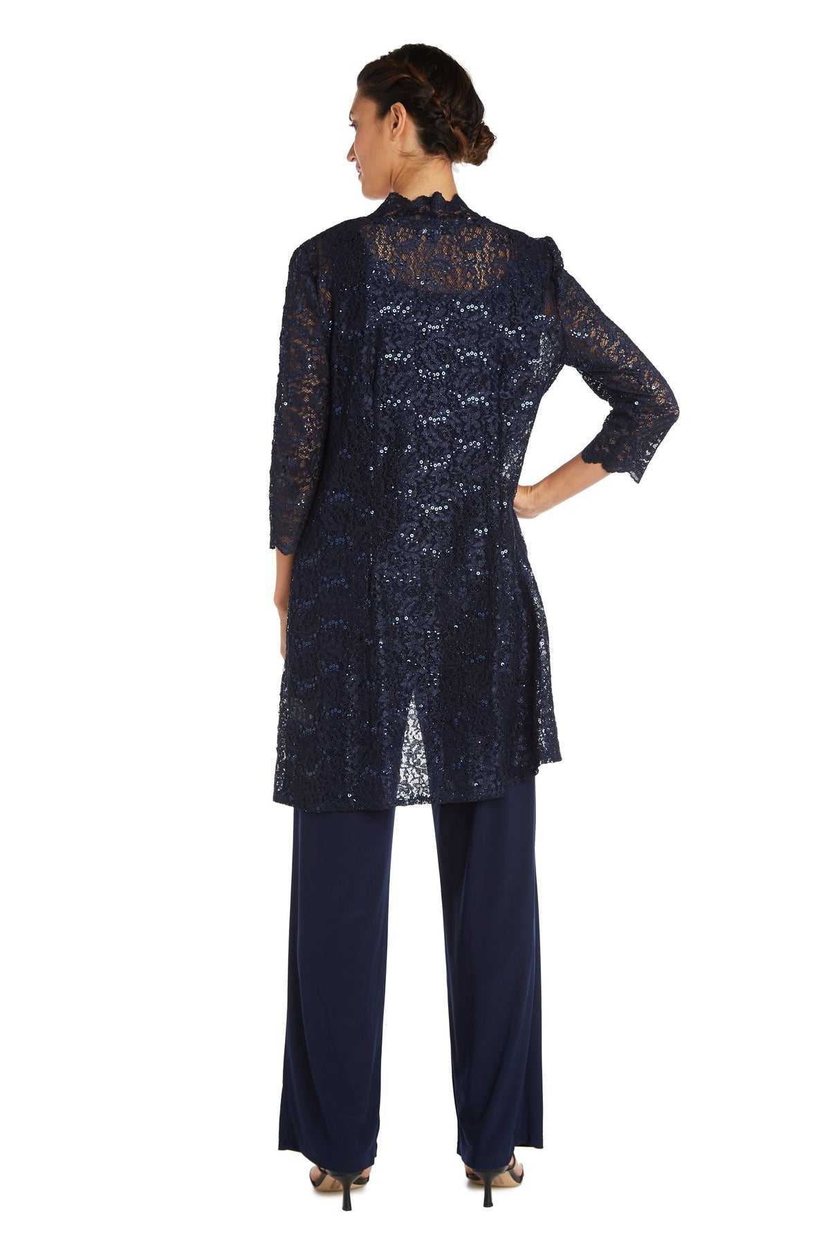 Pant Suit Long Formal Metallic Lace Pant Suit Navy