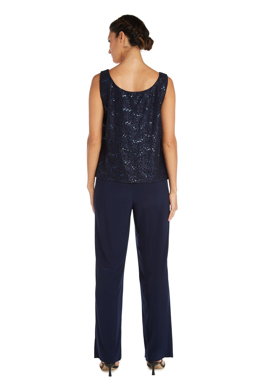 Pant Suit Long Formal Metallic Lace Pant Suit Navy