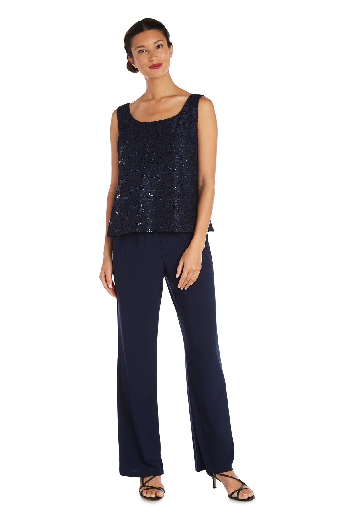 Pant Suit Long Formal Metallic Lace Pant Suit Navy