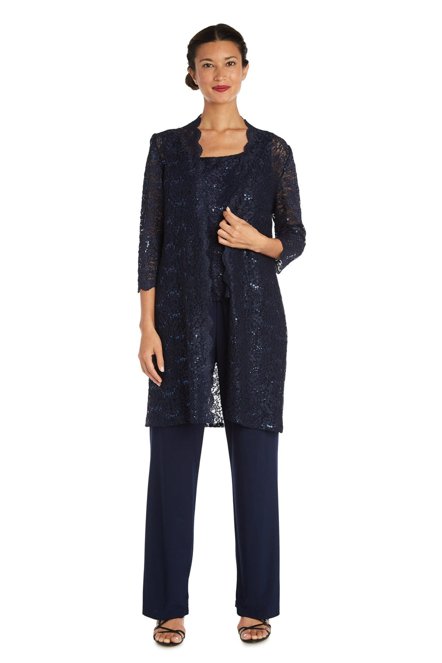 Pant Suit Long Formal Metallic Lace Pant Suit Navy